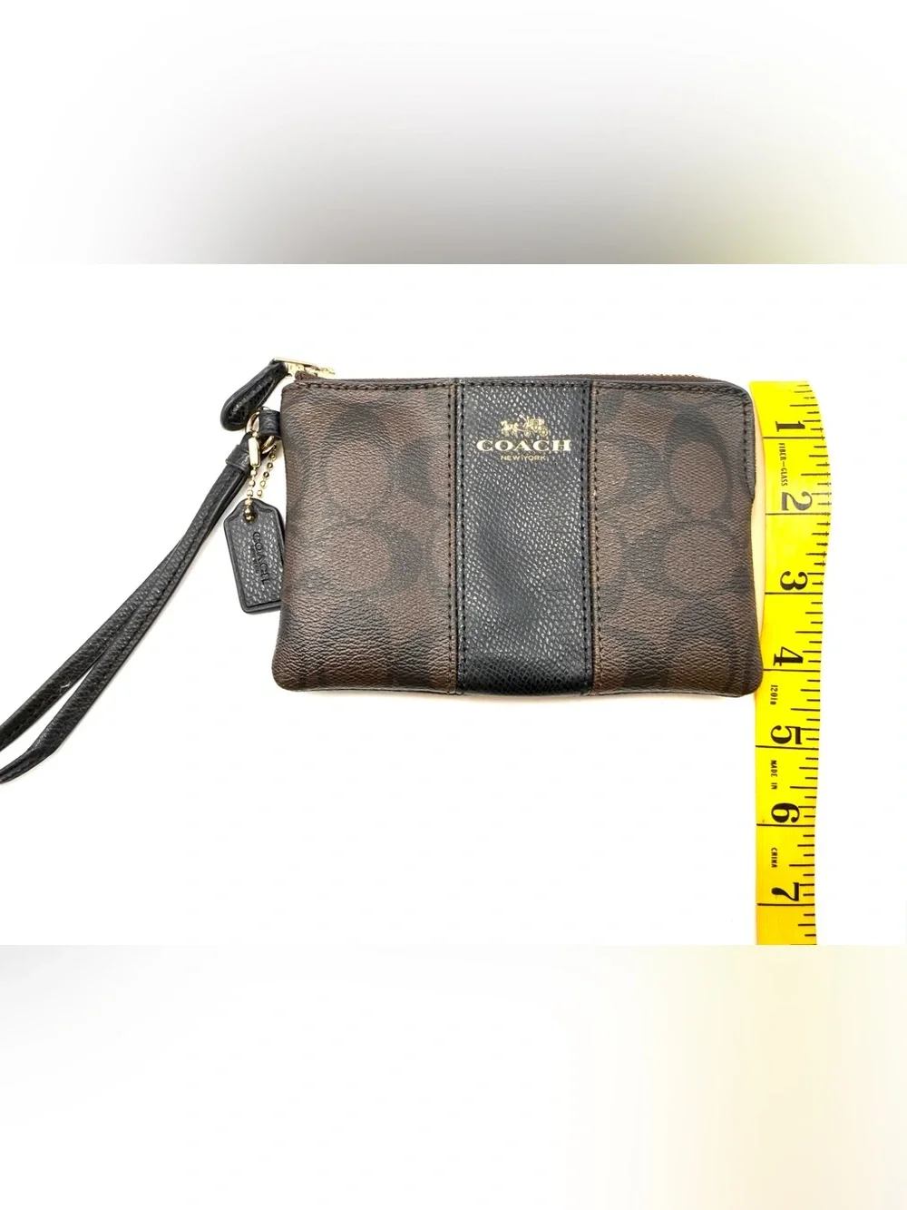 Coach Brown Signature Wristlet Coin Purse with Black Center Panel